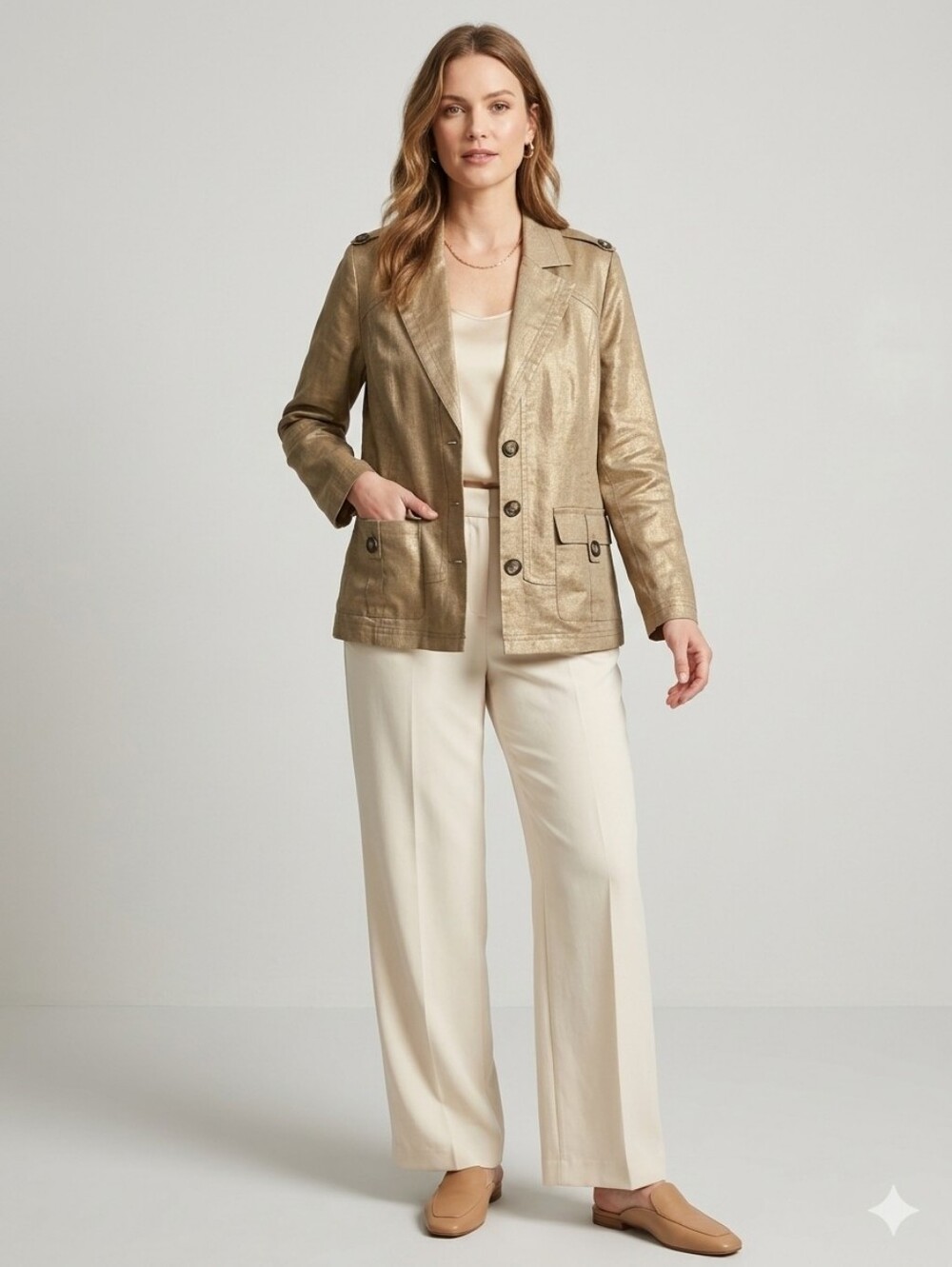Chico Metallic Gold 100% Linen Blazer Sz 3 (16 Or XL)